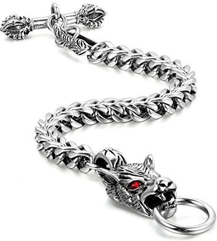 JewelryWe Herren Armband Wolf Edelstahl: Gotik Wolf Kopf Wolfskopf Biker Königskette Panzerkette Armkette Armreif mit Rot Augen Schwarz Silber