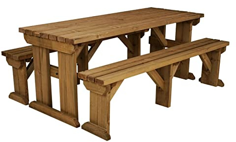 Arbor Garden Solutions 12 Seat Wooden picnic table and benches set, Aspen patio furniture (8ft, Rustic Brown)