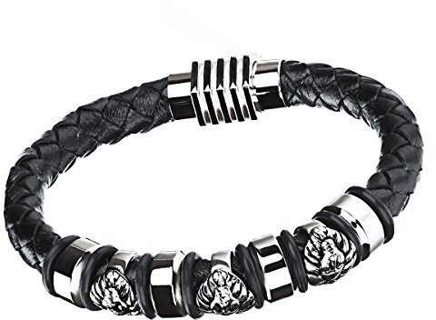 Cupimatch Herren Retro Lederarmband, Edelstahl Ägypten Pharao Kugel wulstige geflochten Leder Manschette Kordelkette Armband, schwarz silber