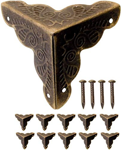 Fuxxer 10 x antique furniture corners, fittings for crates, boxing furniture, shelf table, vintage, brass antique look, including 40 matching nails