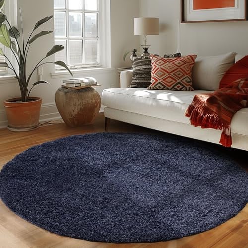 Runder Teppich Wohnzimmer Hochflor Einfarbiges Design Langflor Shaggy Modern Flauschig, Farbe: Marineblau, Größe: 80 cm Rund