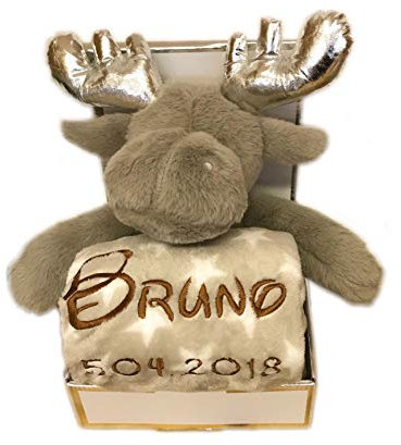 KIDDI-MEDIA Kinder Baby Set mit Name & Geburtsdatum Bestickt (auf der Decke) inkl. Plüsch Stofftier - Geschenk Taufe Geburt/CE-Zertifizierung (Rentier/Braun/Grau)