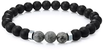 True Rebels Herren-Armband Achat schwarz mit Edelsteine Grau flexibel verstellbar - Energie-Armband für Männer mit Perlen natürliche Steine