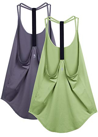 icyzone Workout Tank Tops for Women - Gym Yoga Shirts, T-Back Sport Running Tank Top, 2-Pack (XL, Purple/Pistachio Green)