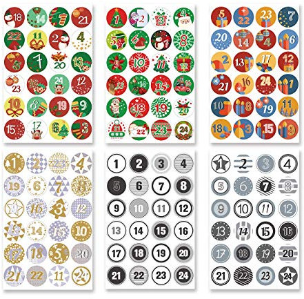 ABSOFINE 6 x 24 Adventskalender Zahlen Aufkleben runde Zahlenaufkleber Ø4 cm Weihnachtskalender zum Basteln Dekorieren Geschenk Selbermachen
