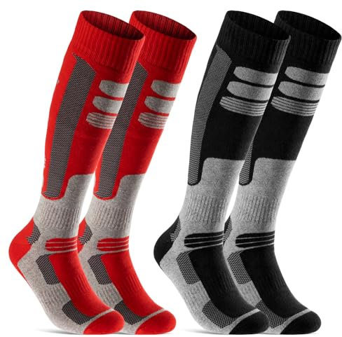 2 Paar Skisocken Herren Damen Ski Kniestrümpfe Atmungsaktiv WP (Schwarz | Rot, 39-42)