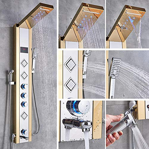 Huin Colonne de douche bleu noir hydroélectricité panneau de douche LED pluie cascade LCD affichage numérique Bidet pulvérisation Massage bain douche-d'or