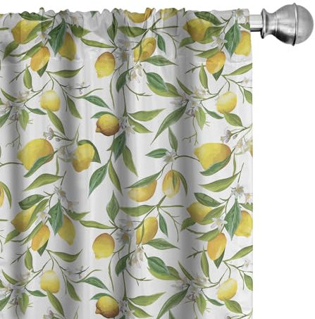 ABAKUHAUS Natura Tenda a Pannello Set di 2, Limone Woody Romantico, Trattamento della Finestra per Stanza e Camera da Letto, 150 cm x 225 cm, Felce Verde Giallo Bianco