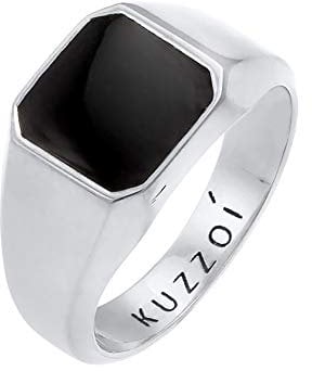 Kuzzoi Siegelring Herrenring Achteck mit Emaille Schwarz in 925 Sterling Silber massiv, 10 mm breit, Klassischer Herren Silberring, Ring für Männer poliert in der Ringgröße 62, 0610882720_62