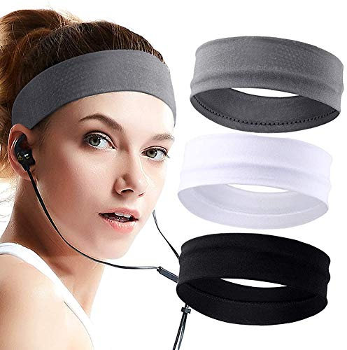 Stirnband für Damen 3St., Elastische Herren Sport Schweißband Baumwolle Lauf Kopfband, rutschfeste Schweißbänder Haarband Übung Fitness Stirnbänder für Make-up Yoga Radfahren - Schwarz Grau Weiß