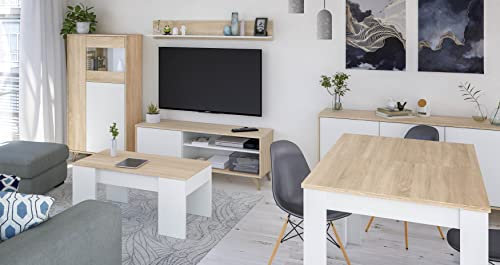 Miroytengo Pack Muebles Salón Nórdico Blanco Y Roble Completo (Mueble TV + Aparador + Vitrina + Mesa Comedor + Mesa Centro)