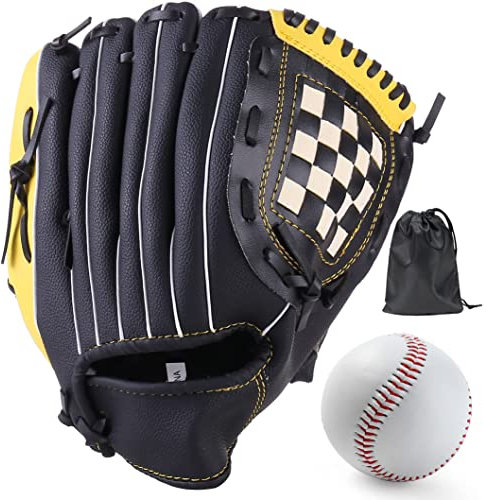 LeapBeast Baseball Handschuhe, Softball Handschuhe mit 1 Ball, Baseball Training Wettbewerb Handschuh Verdicken Dauerhaft Softballhandschuhe für Kinder Erwachsene (Schwarz-Gelb, 12,5 Zoll)