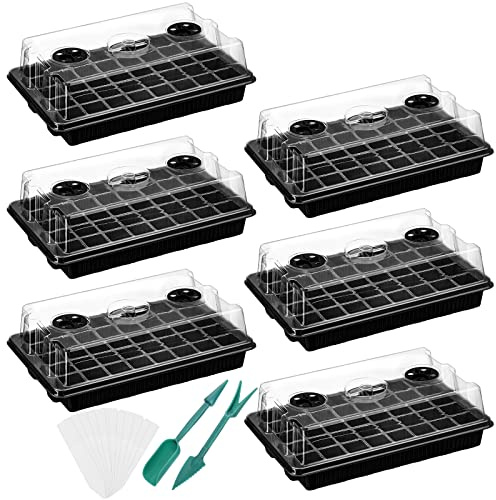 YOUEON 6 Pack 240 Cells Seed Starter Tray with Adjustable Humidity Dome, Seed Starter Kit, Garden Propagator Set with Planter Labels and Seedling Tools, Seedling Tray Kits, Black