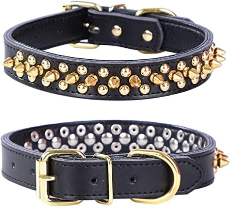 haoyueer Collar de perro con tachuelas con pinchos, collar de perro de piel auténtica, collares ajustables para mascotas para bulldog mediano y grande Pitbull Mastiff Poodle Boxer (L, negro)