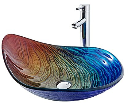 Badezimmerspüle Gefäßwaschbecken Badezimmer Temperiertes Glas Kunst Becken über Gegengeschichte Badezimmerschiff Vanity Waschbeckenschüssel mit Wasserhahn Combo Kunstbecken