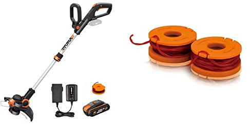 WORX 20V Cordless Grass Trimmer WG163E.1, 1 x 2.0Ah Battery, PowerShare, 2-in-1 Grass Trimmer/Edger, Black & Worx Spool & Line to Fit All 20 V Cordless Grass Trimmer, Set of 2, Set of 2 wa0004.1