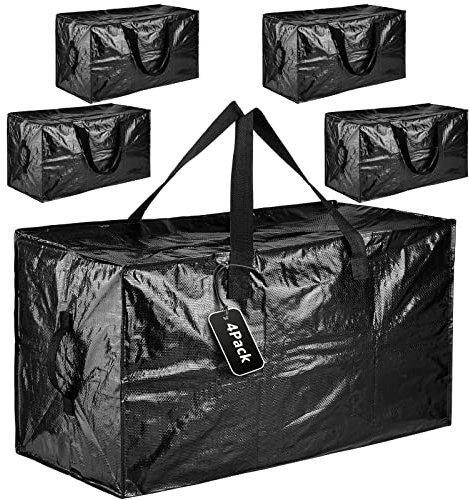 4 Pack 110L Moving Boxes Large Strong with Lid, Heavy Duty Waterproof Storage Box for Moving House, Laundry Bags with Zips, Storage Bags for Clothes, Duvet, Black (Black)