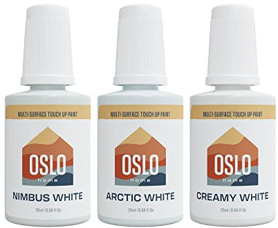 Oslo Home Kit de pintura de retoque de porcelana de 3 colores blancos, para accesorios de baño, electrodomésticos, azulejos, fregaderos y más, colores más populares con cepillo en botella, autocebado,
