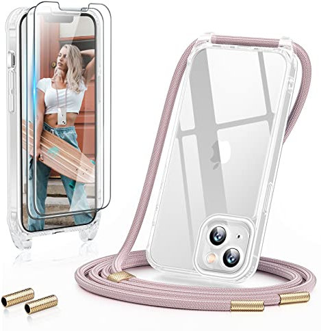 GOODVISH 3 in 1 Handykette für iPhone 13 6,1 Zoll - mit 2 Stück Schutzfolie - Necklace Hülle mit Band [Kameraschutz] [360°-Schutz] Handyhülle für zum Umhängen - Transparent Case mit Schnur, Rosé Gold