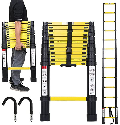 SWANEW Escalera telescópica de Aluminio, Escalera Extensible de 3,8 m con 2 Ganchos extraíbles, Escalera Extensible Multiuso, Escalera doméstica de 150 kg de Capacidad - Negro