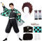 JYakeji 8 Stück Tanjirou Cosplay Kostüm mit Earrings, Demon Slayer Tanjirou Cosplay Kimono Halloween Jacke Kostüm Anime Mantel Outfit für Erwachsene und Kinder (S)