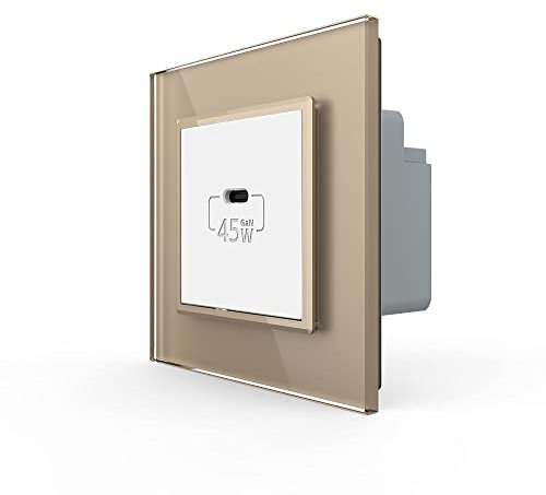 Luxus-Time LIVOLO 1 faches USB-C Schnellladegerät 45W USB Einbau Wanddose Steckdose UP Unterputzdose Weiß VL-FCUC-2WP-SR-13 mit Glasrahmen in Gold