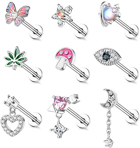 Kakonia Tragus Ohrstecker 16G Edelstahl Niedlich Schmetterling Blume Mond Herz Baumeln Knorpel Muschel Helix Tragus Piercing Schmuck Set