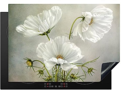 KitchenYeah© Copri Piano Cottura 75x52 cm Coprifornelli Tappetino per Induzione Fornello Tutto per la Cucina Fiori - Natura morta - Papavero - Bianco - Botanico