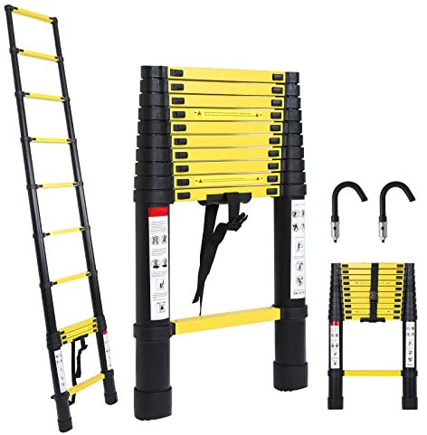 Gimisgu 3.8M Aluminium Teleskopleiter mit 2 Abnehmbarem Haken, Rutschfester Aluleiter Stehleiter Mehrzweckleiter, Ausziehbare Leiter, Tragbare Ausziehleiter Max Belastung 150 kg (Schwarz)