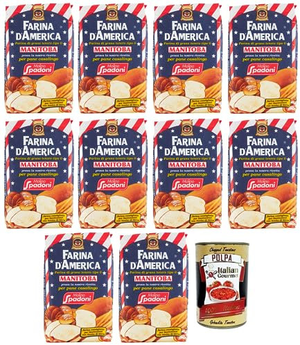 10x Molino Spadoni Farina Mehl Typ 0 vom amerikanischen Typ Manitoba,Ideal für Brot, Pizza, Focaccia, Kuchen, Kekse und Desserts,1Kg + Italian Gourmet Polpa di Pomodoro 400g Dose