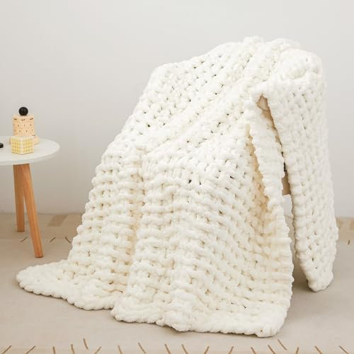 Decke Grob Gestrickte, Grobstrick-überwurf Strickwolle Dickes Garn, 100% Dicke Wolle Zum Handstricken Strickdecke, überwürfe Für Sofa Gestrickte Bettüberwurf-DeckenFürBetten, 76x101cm, Weiße Farbe