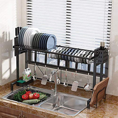 Escurridor de platos sobre fregadero, escurridor de platos ajustable de longitud de acero inoxidable, escurridor de platos extensible a prueba de herrumbre para organizador de cocina, color negro