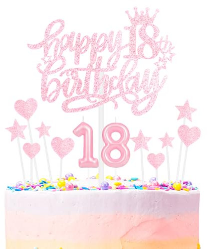 Happy 18th Birthday Candles Cake Toppers Set, Number 18 Candles for Cake, Birthday Party Candles, Light Pink Birthday Cake Candles Heart Star Cupcake Toppers for Girls Women Birthday Cake Decorations