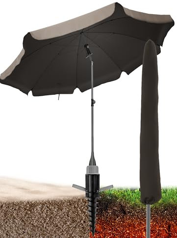 Menz Sonnenschirm Strand als Sonnenschutz Strand 3-IN-1 SET - UPF 50+ Strandschirm 180 cm in Taupe + stabile Sonnenschirm Bodenhülse + robuste Sonnenschirmhülle