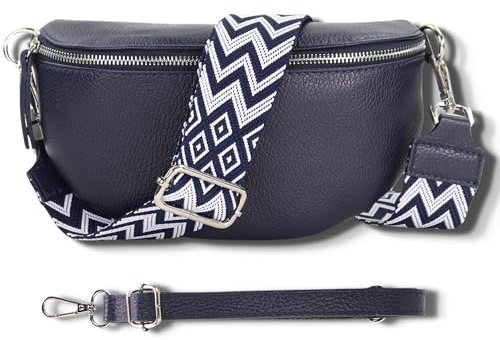 Blade Bauchtasche Damen Echtleder, stylische Gürteltasche Damen mit 2 gemusterten und Leder abnehmbaren & verstellbaren Breiten Gürteln, Crossbody Bag Damen, Hochwertige Tasche für Frauen-Navy