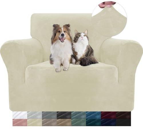 YSTELLAA Samt Stretch Sofabezug 1 Sitzer, Sofaschoner rutschfest Sofa Überzug, Sofa Cover Mit Armlehnen, Elastischer Couch Überzug, Sesselschoner Sofaschutz Katze, Beige