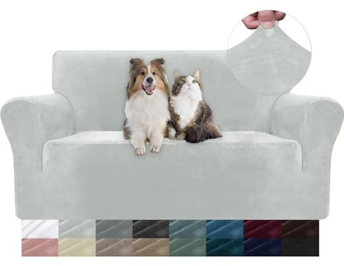 YSTELLAA Samt Sofa Überzug 2 Sitzer, Stretch Sofahusse Universal, Sofaschoner rutschfest, Sofa Covers Mit Armlehne, Couch Bezug Schutz Katze, Waschbare Couchschoner, Silbergrau