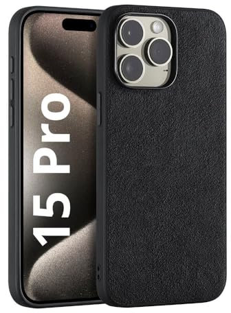 Deppa Alcantara Hülle für iPhone 15 Pro (6,1') mit Magsafe [Silikon Kanten] Stoßfeste Handyhülle Case| Erhöhter Kameraschutz| Echtes italienisches Alcantara| Premium-Qualität Cover (Schwarz-9040)