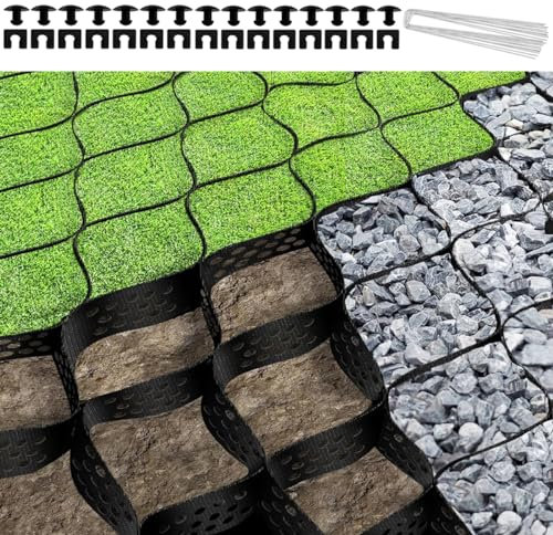 Geo-Gitter für Bodenkies 1,2 m x 9,1 m, Kies Bodengitter 5,1 cm dick Auffahrtgitter Stabilisierungssystem, Geocell Bodengitter für Garten, Landschaftsbau, Parkplätze, Neigung