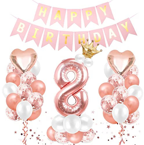 Luftballon 8. Geburtstag Roségold, Geburtstagsdeko 8 Jahr, Ballon 8. Geburtstag, Riesen Folienballon Zahl 8, Happy Birthday Folienballon 8, Ballon 8 Deko zum Geburtstag Mädchen