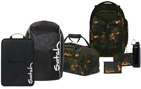 satch Match Edition Schulrucksack Set 7tlg. inkl. Schlamperbox, Regencape, Geldbörse, Sporttasche, Trinkflasche und Heftebox (Jurassic Jungle)