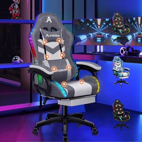 ALFORDSON Gaming Stuhl mit 8-Punkt Massage 12 Farben RGB LED-Licht, Bürostuhl Ergonomisch mit fußstützen, Kopfstütze Lendenkissen für Kinder Erwachsene, Stoffmaterial, Grau Spleißen