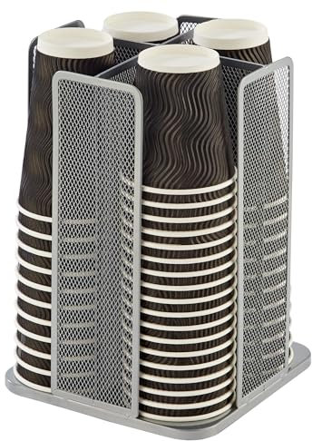 Annova Paper/Plastic Cup and Lid Holder Storage Organizer, 360°Rotating Coffee Cup Dispenser with 4 Compartments, Multifunctional Storage Rack for Home, Office, Bar, Coffee Shop (Silver)