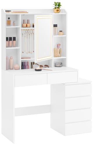 VASAGLE Dressing Table with LED Lights, Adjustable Brightness, 40 x 97.5 x 145 cm, Modern Makeup Desk, Vanity Table with Mirror, Drawers, Open Compartments, Adjustable Shelves, Cloud White RDT124W02