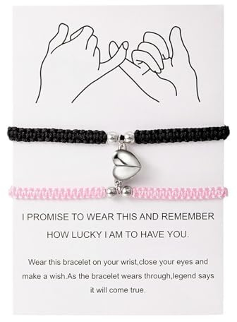 2pcs Handmade Braided Heart Couple Bracelets Mutual Attraction Matching Bracelet for Couples Women Men Boyfriend Girlfriend Best Friend Jewelry Lover Gifts-black+pink