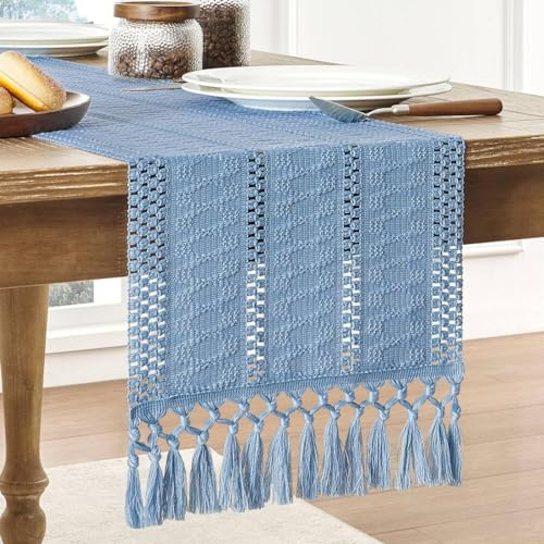 Viusneun Tischläufer, Gehäkelte Tischband Boho Tischläufer mit Quasten Landhaus Table Runner für Partys Hochzeit Geburtstage Weihnachten Tischdeko (Blau,30 x 160 cm)