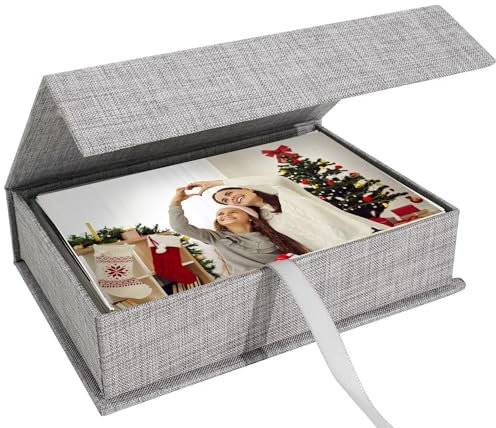 Hiwhy Foto Aufbewahrungsbox 10x15 cm, Leinen-Fotobox, Erinnerungsbox zur Aufbewahrung von Fotos, Bildern, Urkunden, Scrapbooking-Zubehör, Andenken und Schmuck Grau