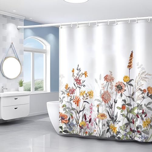 FAIRYGATE Stoff Blumen Vintage Badvorhang Mehltau Beständiger Floraler Polyester mit 12 Haken Schnell Trocknender Wasserdichter Duschvorhang aus Pflanzenstoff 180x180cm Anti Schimmel B9818