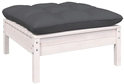 Juroupi Gartenhocker mit Anthrazit Kissen Hocker Outdoor Garten Hocker FüR Draussen Sitzhocker Outdoor Weiß Kiefer Massivholz