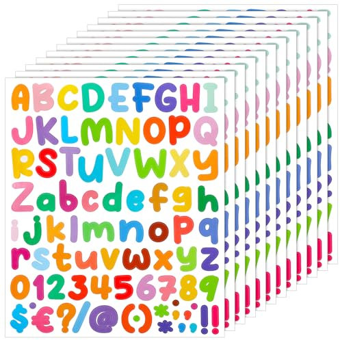 Smivyhp 12 Blätter Bunte Buchstaben und Zahlen Aufkleber, Selbstklebendes Buchstaben Zahlen Kit für Scrapbooking DIY Deko Adressnummer DIY Buchstabe Etiketten